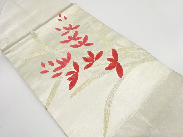 JAPANESE KIMONO / ANTIQUE NAGOYA OBI / SILK / WOVEN FLORAL PLANTS